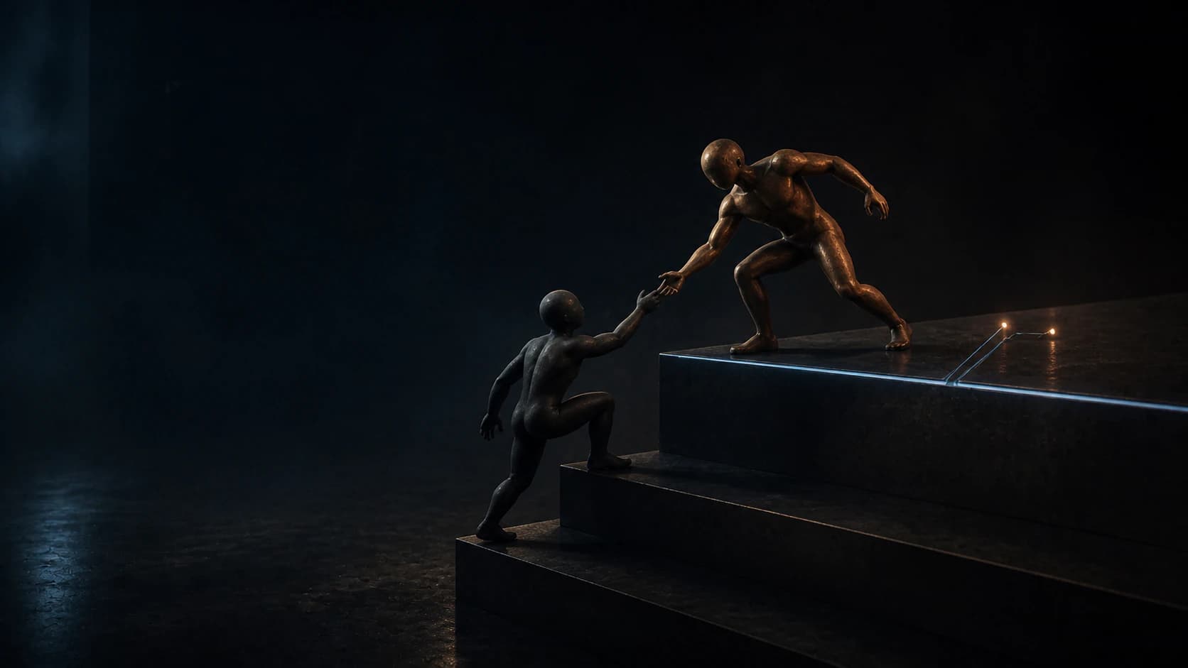 Two abstract figures climbing dark architectural steps through a connected campaign signal