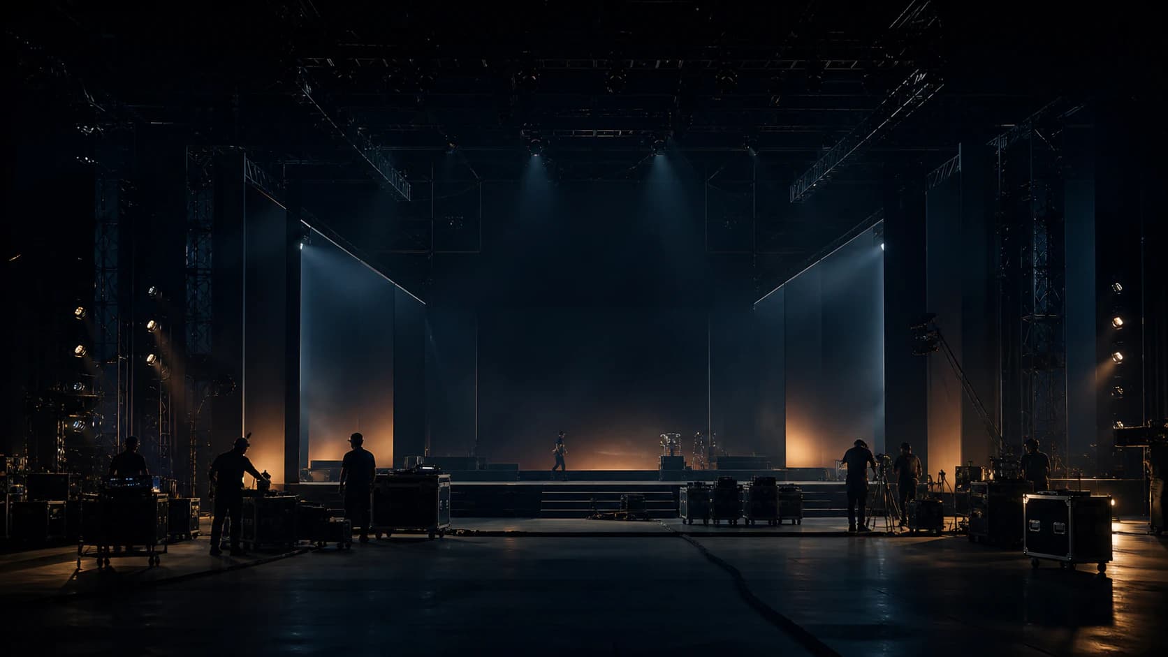 Anonymous production crew preparing a cinematic live event stage